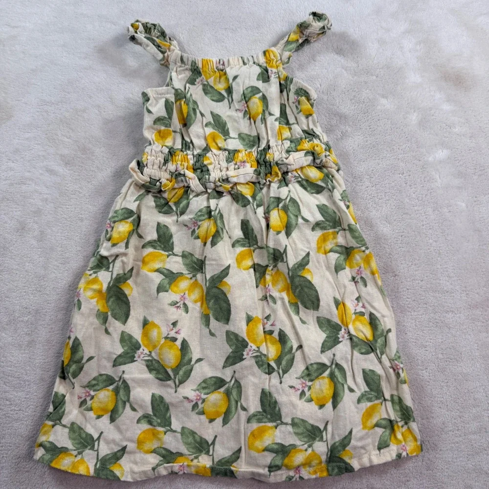Old Navy Girls Lemon Print Linen Blend Smocked Waist‎ Sundress Yellow White 4T